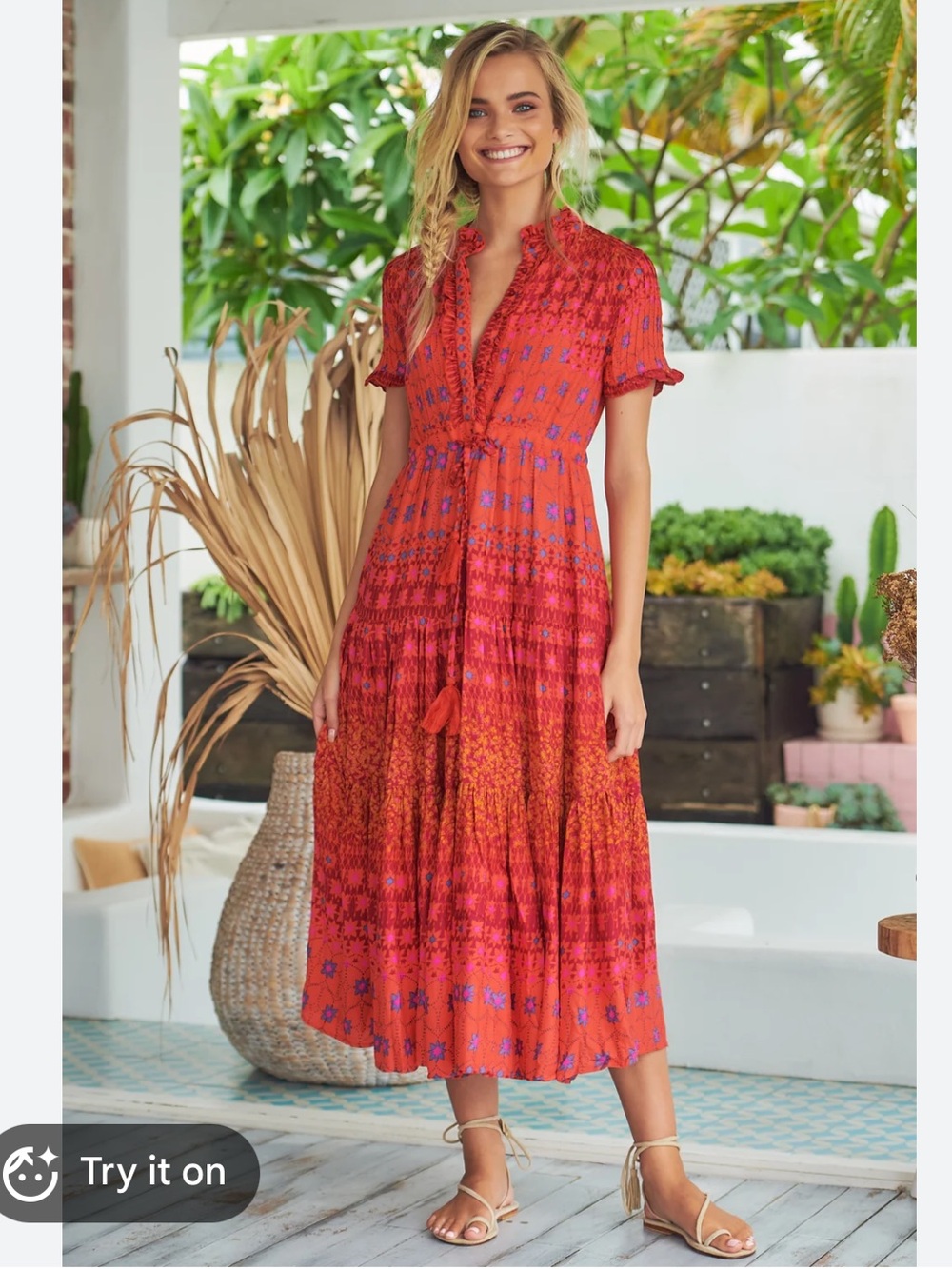 Free People Red Multi-Print Boho Maxi Dress Sz s/p